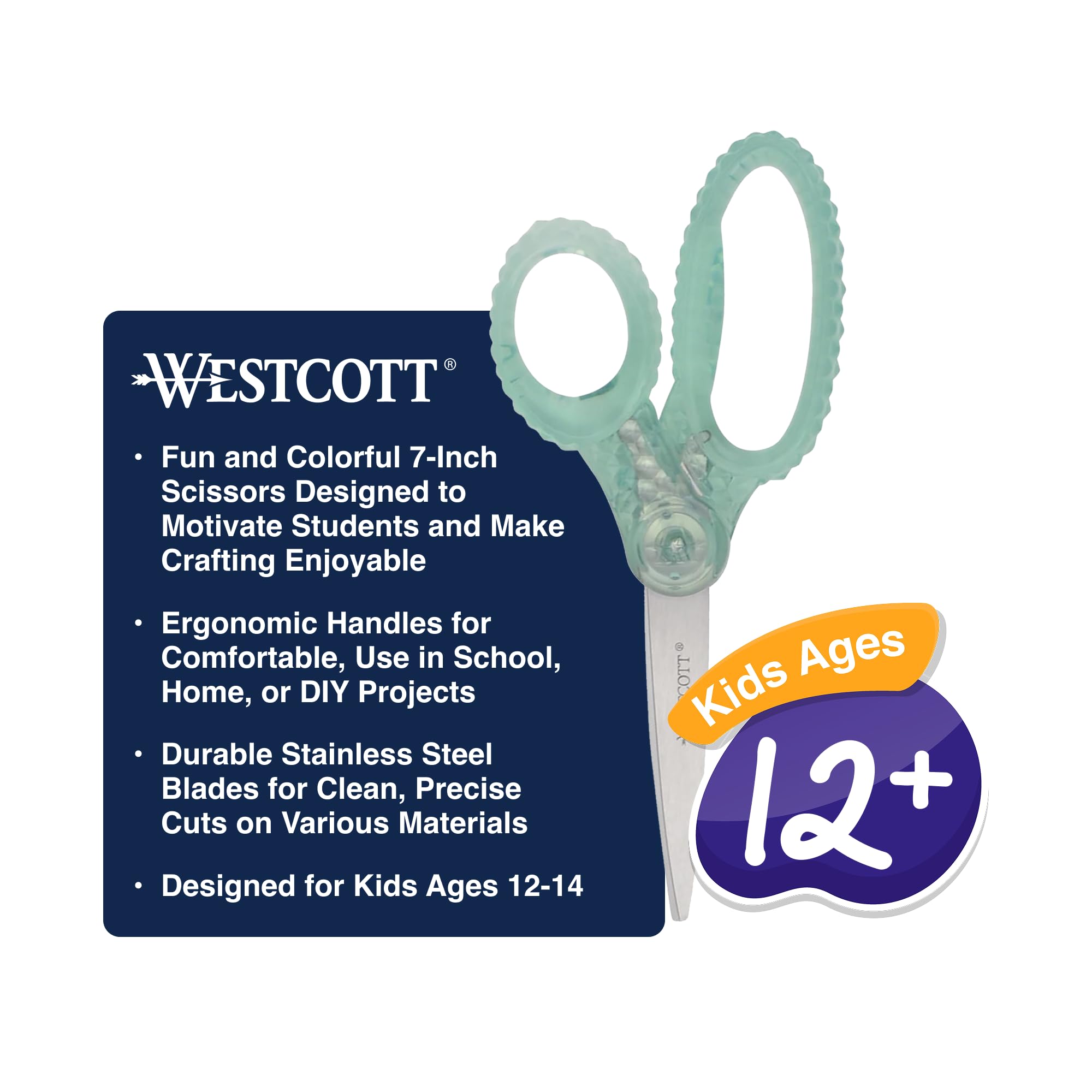 Westcott GEM Crystal-Design 7-Inch Pointed Student Scissors for Ages 12+, Classroom Essential with Comfortable Grip, Ideal for Left or Right Hand, Back to School, School Supplies, Green - Image 3